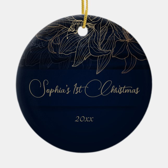 Adorno De Cerámica Elegante Marina Azul Personalizado Primera Navidad (Frente)
