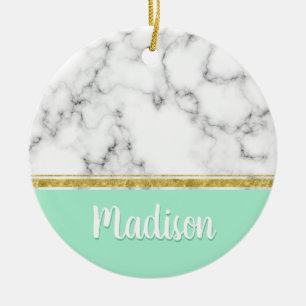 Adorno De Cerámica Elegante Mint Marble y Gold Custom Name