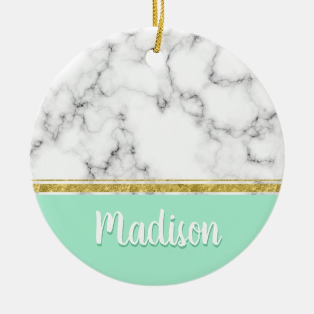Adorno De Cerámica Elegante Mint Marble y Gold Custom Name (Frente)