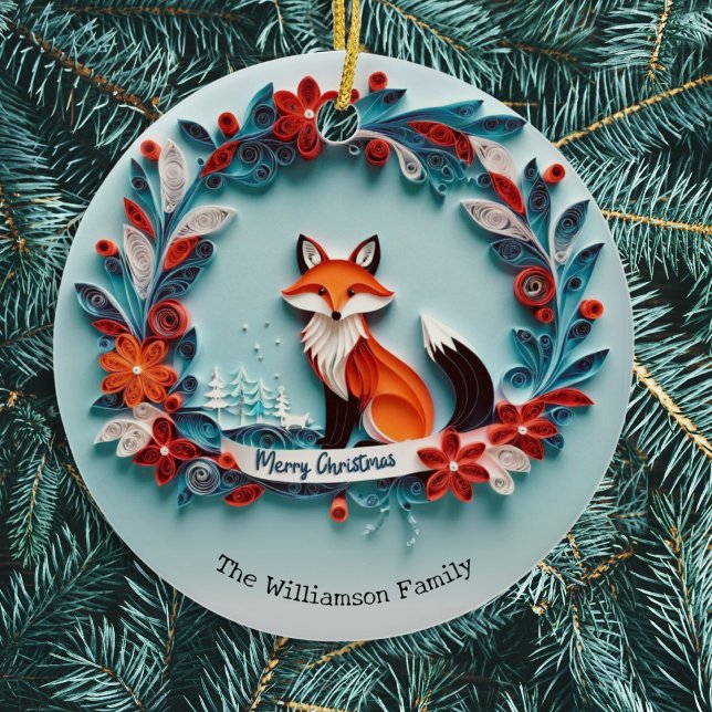 Adorno De Cerámica Elegante naturaleza de invierno Fox temática Feliz (An elegant Christmas tree ornament with picture of a red fox in winter snow with papercraft effect)