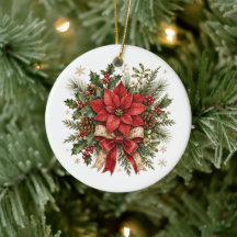 Elegante Navidad Vintage Flor de Pascua Acebo Pino