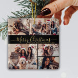 Adorno De Cerámica Elegante Navidades de Collage de fotos Black Gold<br><div class="desc">Elegante guión moderno negro y dorado 5 Collages de fotos Merry navideño Ornamento de cerámica navideña. Cuenta con minimalista plantilla de cinco (5) fotos de collage un collage de bonitos y ¡Feliz Navidad! El texto de bienvenida de "Feliz Navidad" está escrito en un hermoso guión de letra con letras a...</div>
