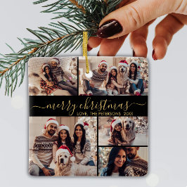 Adorno De Cerámica Elegante Navidades de Collage de fotos Black Gold 