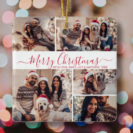 Adorno De Cerámica Elegante Navidades de Collage de fotos rojo blanco