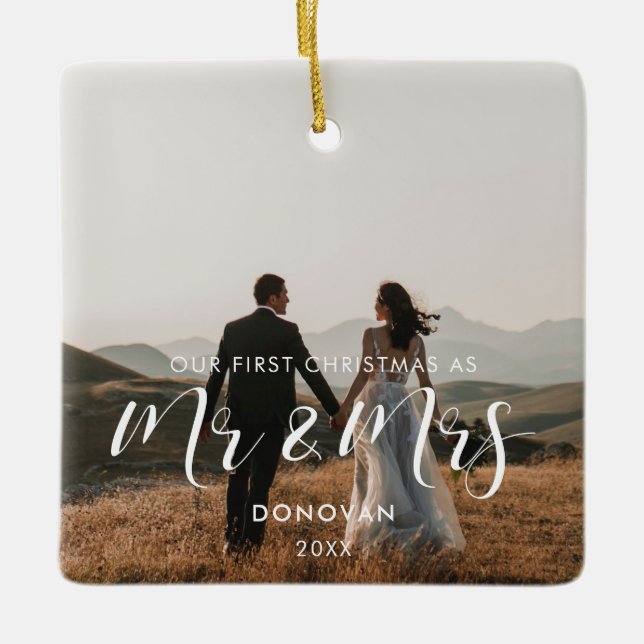 Adorno De Cerámica Elegante nuestra primera foto boda de Navidad (Anverso)