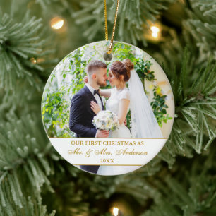 Adorno De Cerámica Elegante nuestra primera foto de Navidad de oro bl
