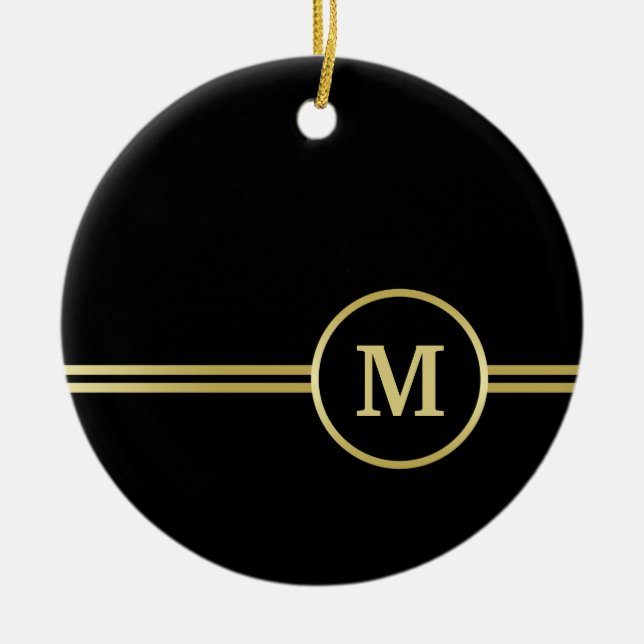 Adorno De Cerámica Elegante oro Monograma personalizado sobre negro (Frente)