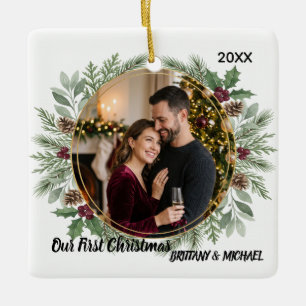 Adorno De Cerámica Elegante Pareja de Pino al Agua Primera Navidad