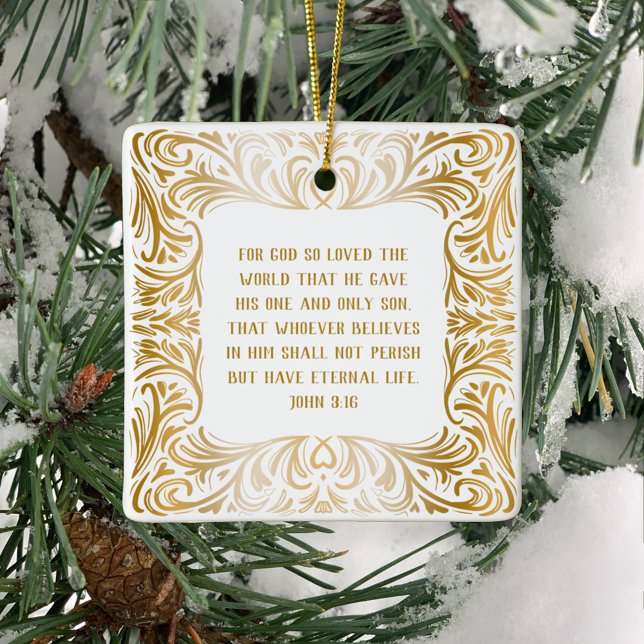 Adorno De Cerámica Elegante Personalizado dorado John 3:16 Navidades  (Create a beautiful Christmas ornament gift with personal message on back of John 3:16 Bible Verse.)