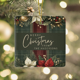 Adorno De Cerámica Elegante Plaid Poinsettia Nombre Feliz Navidad