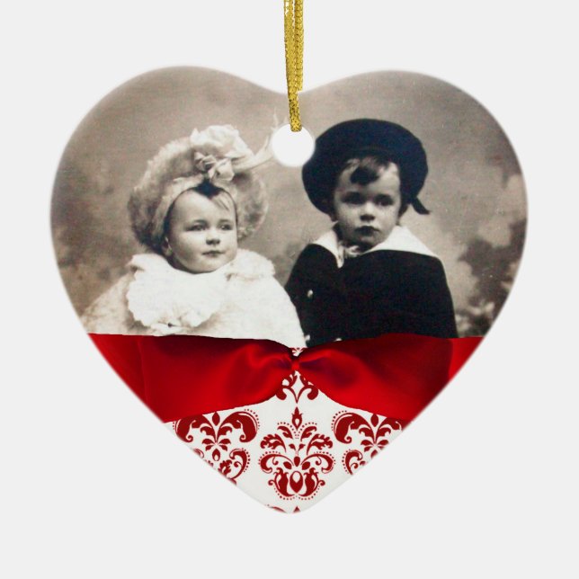 ADORNO DE CERÁMICA ELEGANTE PLANTILLA FOTOGRÁFICA DE RIBBON ROJO DAMA (Frente)