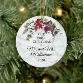 Adorno De Cerámica Elegante Poinsettia Pine Primera Navidad Casada