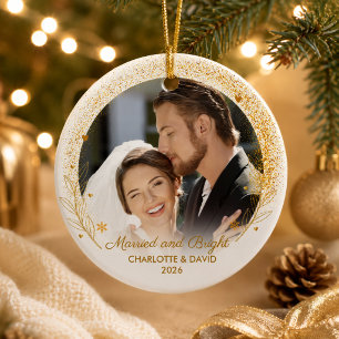 Adorno De Cerámica Elegante Primera Navidad Foto Pareja Recién Casada