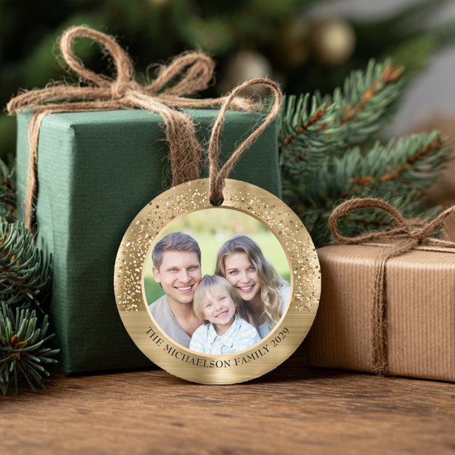 Adorno De Cerámica Elegante Purpurina de oro foto Navidades metálicos (Elegant Gold Glitter Photo Metallic Christmas Ceramic Ornament
)