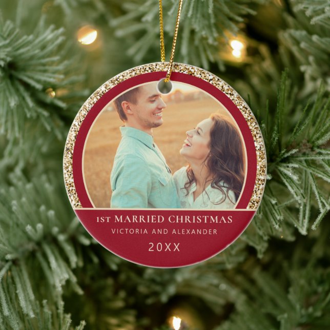 Adorno De Cerámica Elegante Purpurina de oro rojo primero Navidades c (Árbol)