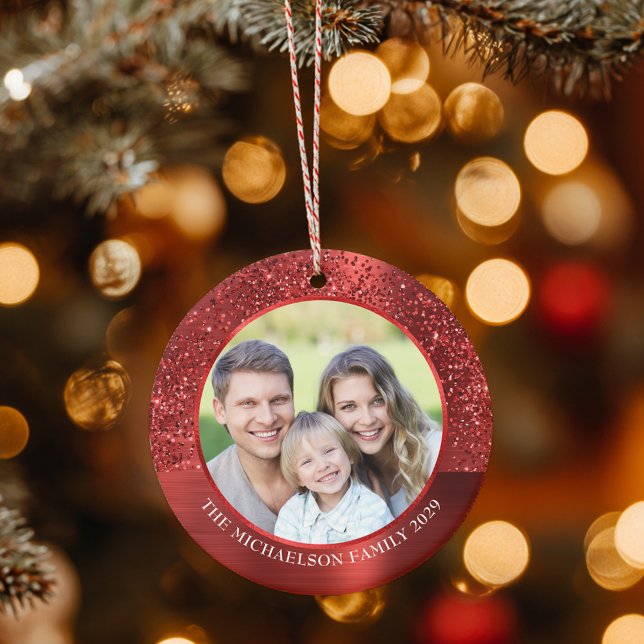 Adorno De Cerámica Elegante Purpurina Rojo Foto Navidades metálicos (Elegant Red Glitter Photo Metallic Christmas Ceramic Ornament
)