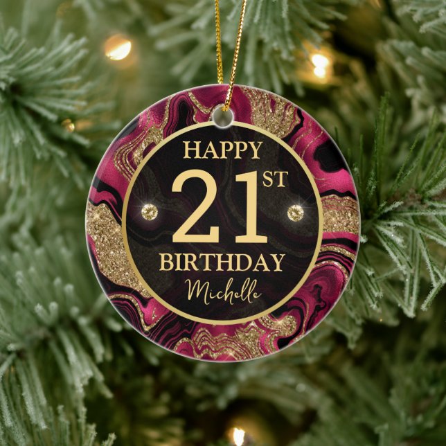 Adorno De Cerámica Elegante Purpurina Rojo y Oro Cumpleaños (Árbol)