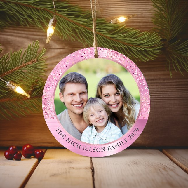 Adorno De Cerámica Elegante Purpurina rosado foto Navidades metálicos (Elegant Pink Glitter Photo Metallic Christmas Ceramic Ornament)