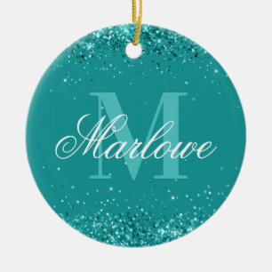 Adorno De Cerámica Elegante Purpurina Verde azulado Monograma verde a