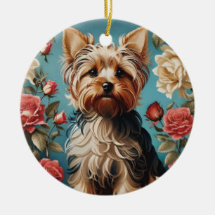 Adorno De Cerámica Elegante Rosa de retrato de Yorkshire Terrier