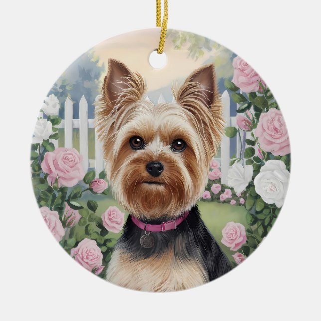 Adorno De Cerámica Elegante Rosa de Yorkshire Terrier (Frente)