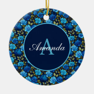 Adorno De Cerámica Elegante Rosas azules Patrón floral Monogramado Fo