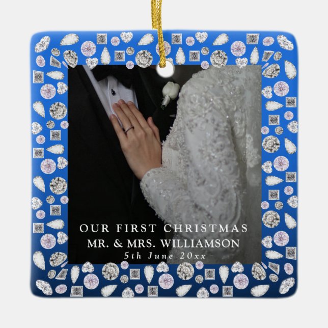 Adorno De Cerámica Elegante Silver Blue Heart Diamond Primera Navidad (Anverso)
