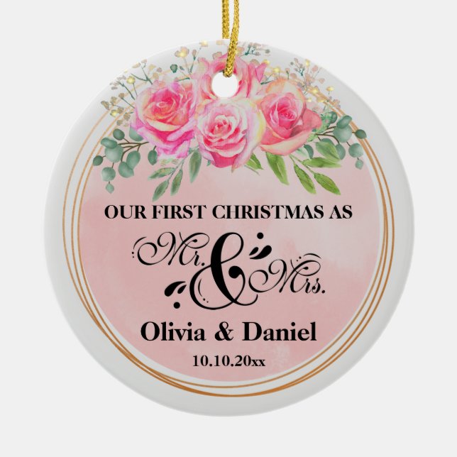 Adorno De Cerámica Elegante Sr y Sra Flores Rosadas Boda (Frente)