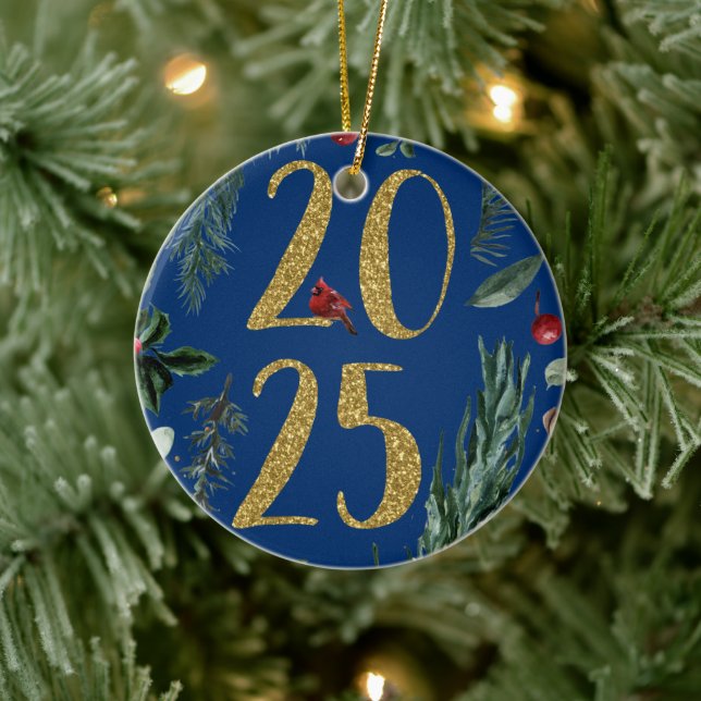Adorno De Cerámica Elegante Tarjeta Rustica Azul 2025 de Año Nuevo (Árbol)