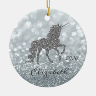 Adorno De Cerámica Elegante Unicornio con Brillo Plateado Bokeh