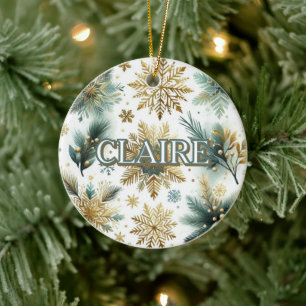 Adorno De Cerámica Elegante vacaciones de copo de nieve de oro verde 