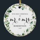 Adorno De Cerámica Elegante vegetación geométrica Primera Navidad<br><div class="desc">Este elegante y personalizable ornamento navideño presenta un marco geométrico de oro adornado con hojas de eucalipto de color húmedo. Para realizar cambios avanzados,  seleccione la opción "Hacer clic para más personalizares" en Personalizar esta plantilla.</div>