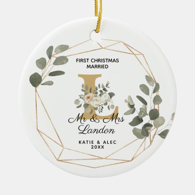 Adorno De Cerámica Elegante vegetación Navidades iniciales casados (Frente)