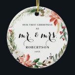 Adorno De Cerámica Elegante vegetación Poinsettia Primera Navidad<br><div class="desc">Este elegante y personalizable ornamento navideño presenta una hermosa corona temática navideña con poinsettia,  flores blancas y vegetación con la opción de añadir una foto en la parte posterior. Para realizar cambios avanzados,  seleccione la opción "Hacer clic para más personalizares" en Personalizar esta plantilla.</div>