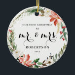 Adorno De Cerámica Elegante vegetación Poinsettia Primera Navidad<br><div class="desc">Este elegante y personalizable ornamento navideño presenta una hermosa corona temática navideña con poinsettia,  flores blancas y vegetación con la opción de añadir una foto en la parte posterior. Para realizar cambios avanzados,  seleccione la opción "Hacer clic para más personalizares" en Personalizar esta plantilla.</div>