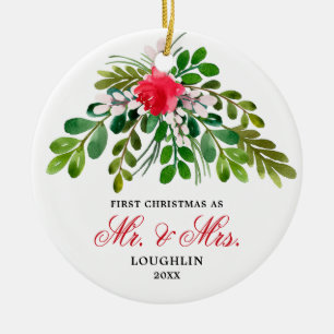 Adorno De Cerámica Elegante Watercolor Greenery Newlyweds Sr. y Sra.