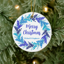 Adorno De Cerámica Elegante Wreath Blue Merry Christmas