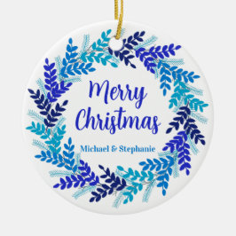 Adorno De Cerámica Elegante Wreath Blue Merry Christmas