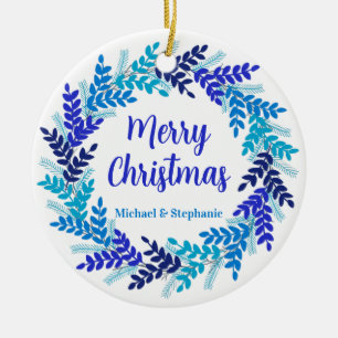 Adorno De Cerámica Elegante Wreath Blue Merry Christmas