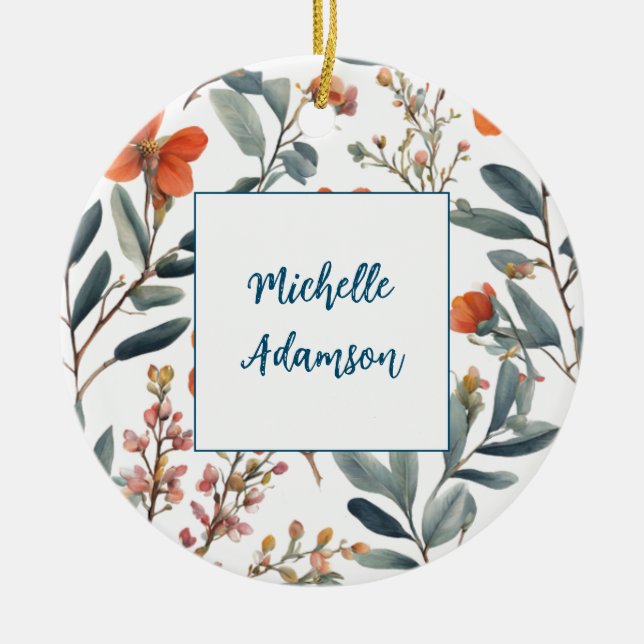 Adorno De Cerámica Elegante y Retro Flores De Llanura Tu Nombre (Frente)