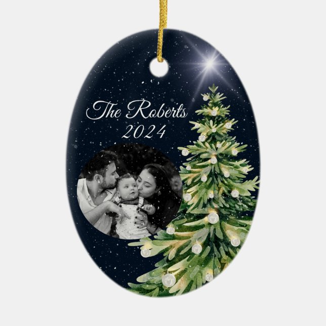 Adorno De Cerámica Elegantes árboles de Navidad Dark Blue Family Phot (Frente)