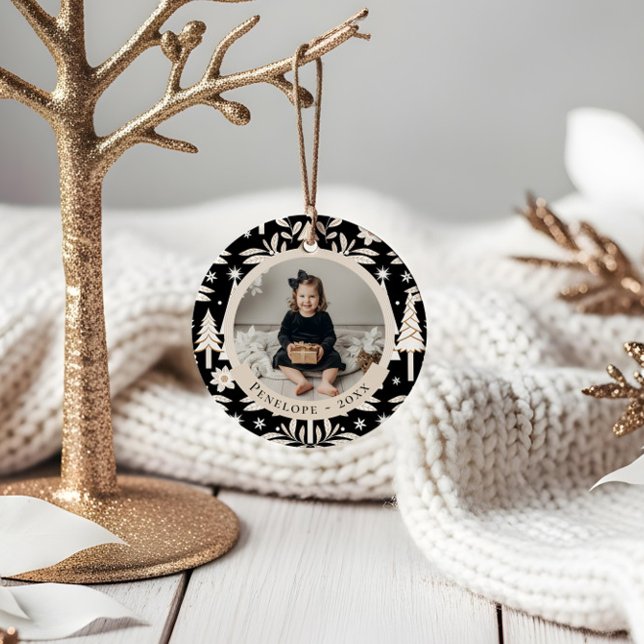 Adorno De Cerámica Elegantes Árboles Eververdes y Navidades de fotos  (Elegant Evergreen Trees & Floral Photo Christmas Ceramic Ornament)