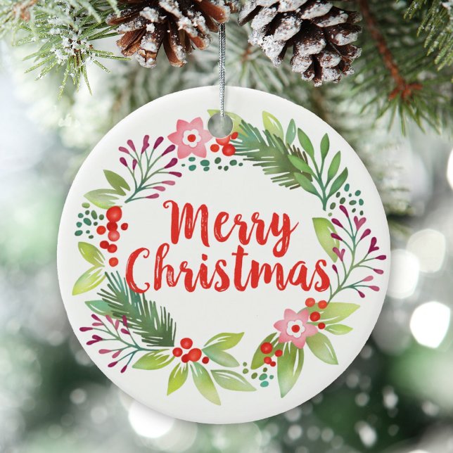 Adorno De Cerámica Elegantes Navidades acuarela Wreath Photo (A pretty Watercolor Christmas wrath ornament, add your photo to the back.)