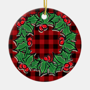 Adorno De Cerámica Elegantes Navidades clásicos Red Plaid Holly berri