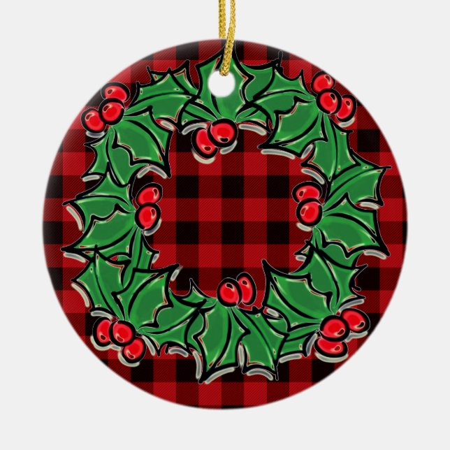 Adorno De Cerámica Elegantes Navidades clásicos Red Plaid Holly berri (Frente)