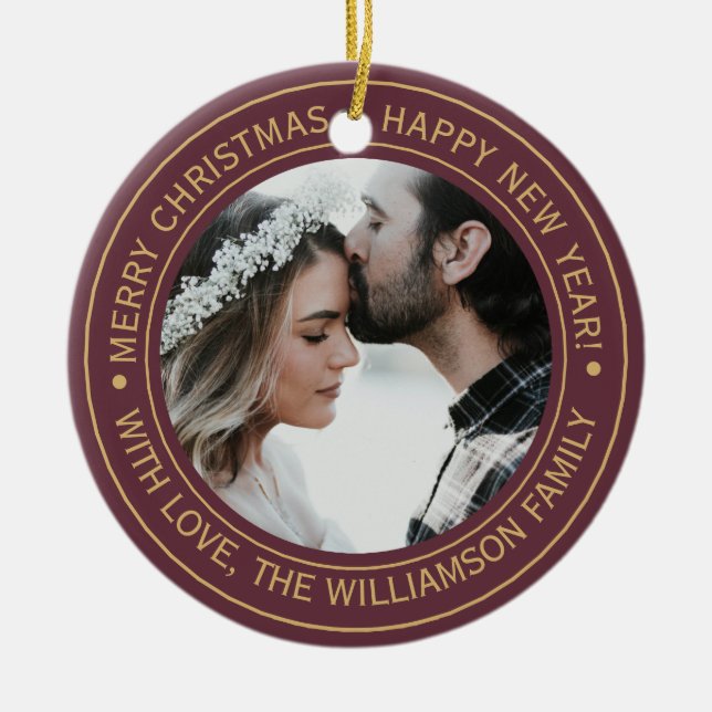 Adorno De Cerámica Elegantes Navidades de Borgoña Foto en Monograma (Frente)