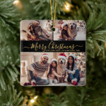 Adorno De Cerámica Elegantes Navidades de Collage de fotos Black Gold<br><div class="desc">Moderno y elegante caligrafía simple negro y oro 3 Collages de fotos Feliz Navidad Script Ornamento cerámico. Esta festividad festiva, minimalista, fantástica de tres fogones de fotos Ornament presenta un collage de fotos de bonito y dice "Feliz Navidad"! El texto de "Feliz Navidad" está escrito en un guión con letras...</div>