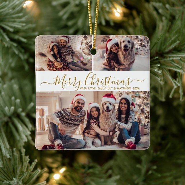 Adorno De Cerámica Elegantes Navidades de Collage de fotos de oro bla (Árbol)