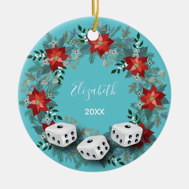 Adorno De Cerámica Elegantes Navidades de los dados de Bunco floral (Frente)