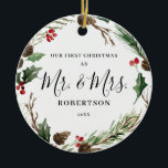 Adorno De Cerámica Elegantes Navidades Greenery Sr. y la Sra.<br><div class="desc">Este elegante y personalizable ornamento navideño cuenta con una hermosa corona temática navideña con ungüento,  bayas y vegetación,  con la opción de añadir una foto en la parte posterior. Para realizar cambios avanzados,  seleccione la opción "Hacer clic para más personalizares" en Personalizar esta plantilla.</div>